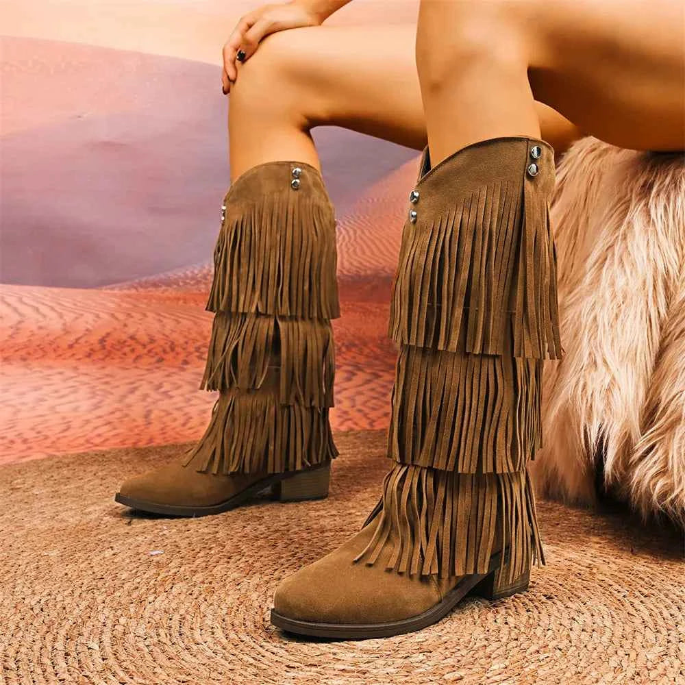 Retro Tassels Cowboy Fringe Knee High Boots
