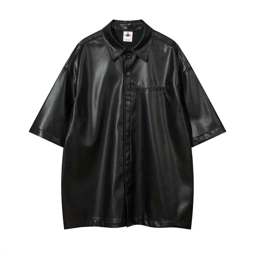 Black Embossed Short Sleeve PU Leather Shirt