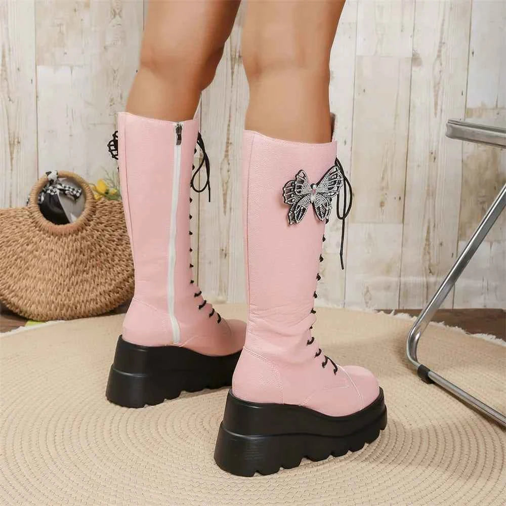 Chunky Platform Butterfly Knee High Zipper Boot