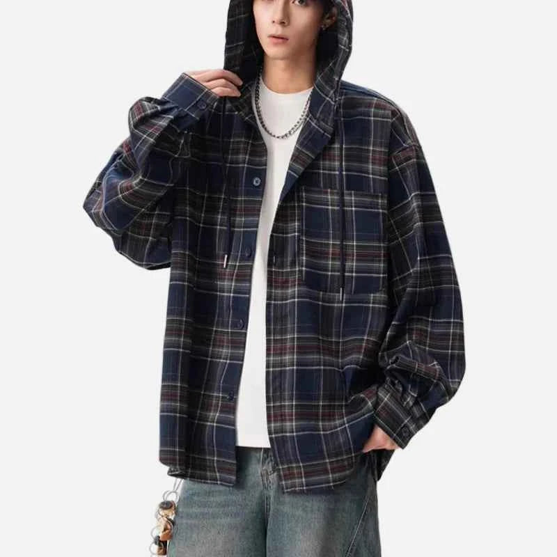 Versatile Y2K Plaid Hooded Long Sleeve Shirt