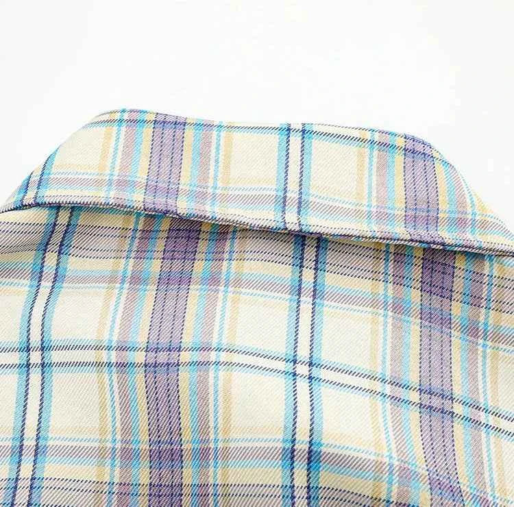 Plaid Embroidery Lapel Spring Fall Long Sleeve Shirt