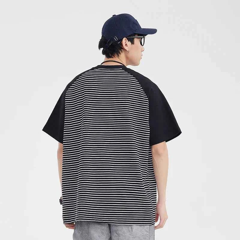 High-Quality Striped Splice Loose Casual Summer T-Shirt