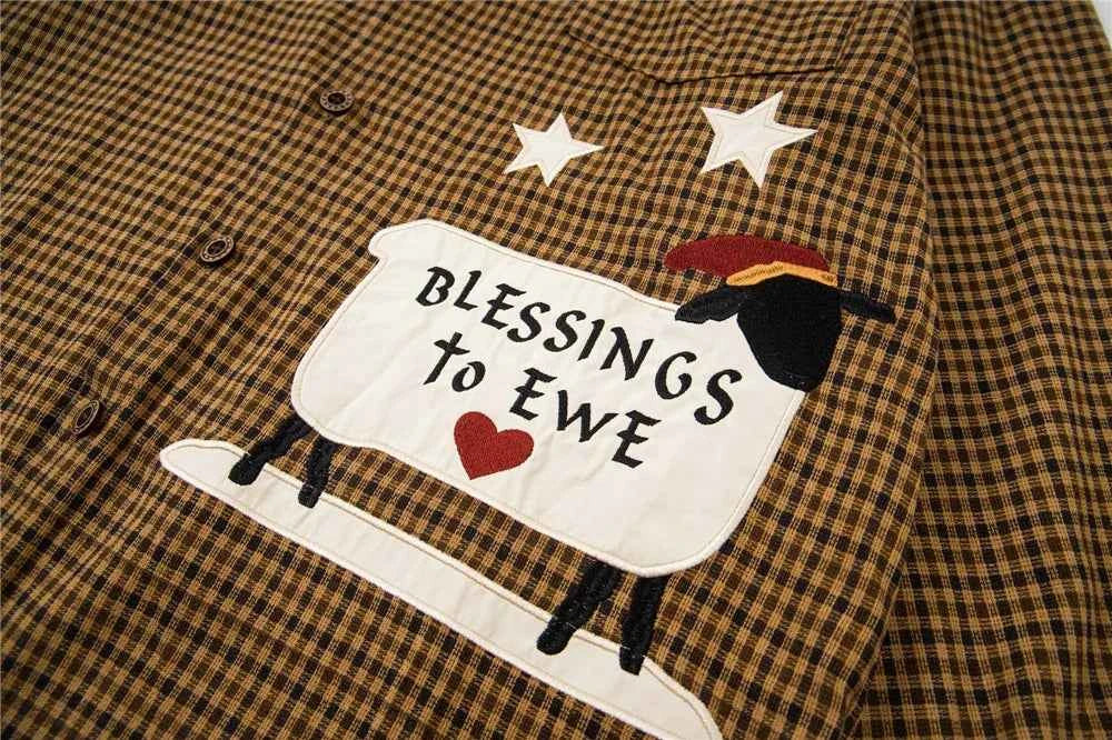 Plaid Sheep Embroidered Hip Hop Long Sleeve Shirt