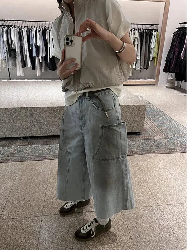 Streetwear Vintage American Style Loose Fit Denim Jorts - Luxuryurbanwear