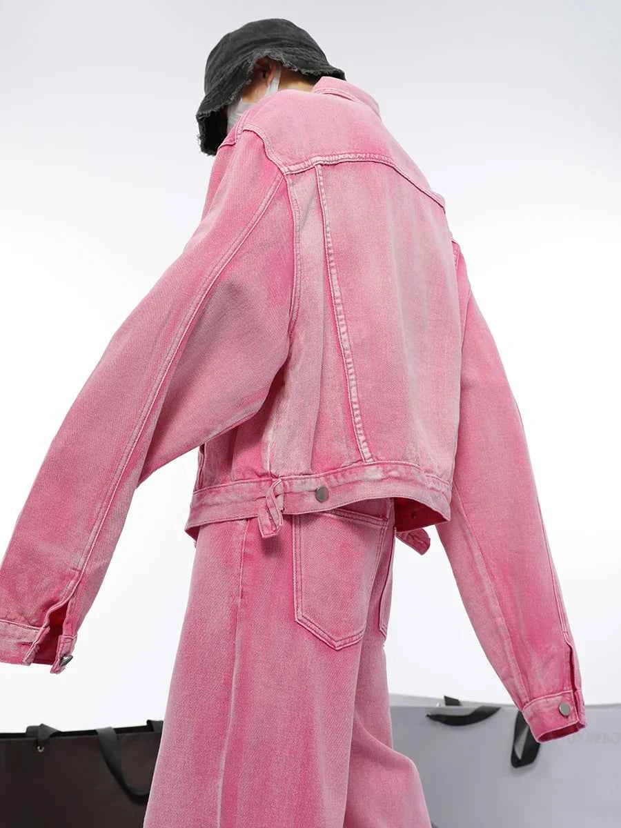 Pink Chic Oversized Denim Jacket And Baggy Jeans