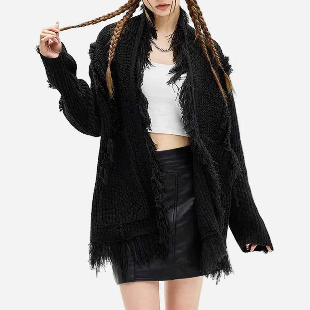Chic Retro Tassel Ripped Long Sleeve Cardigan