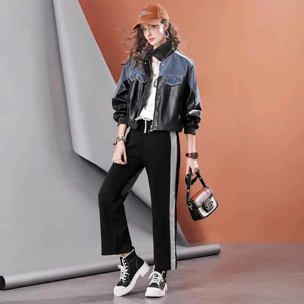 Autumn Loose Patchwork Denim & Leather Jacket