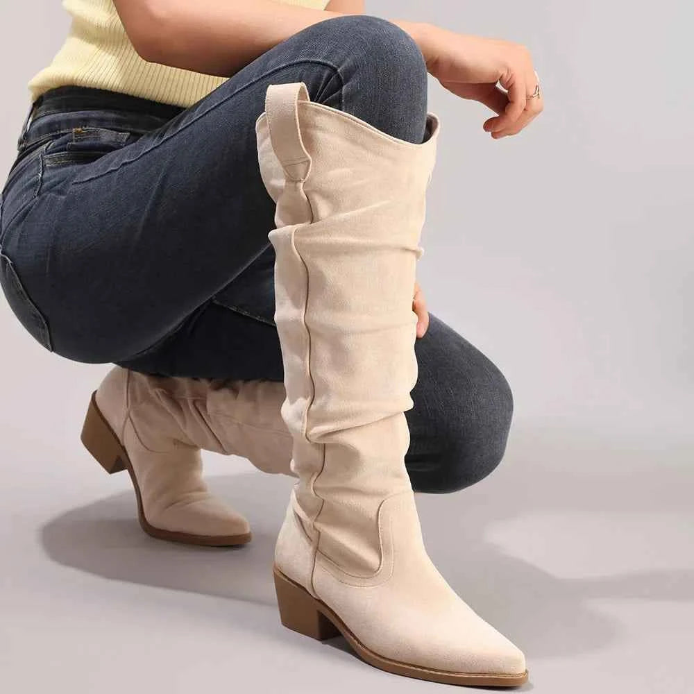 Retro Pleated Western Square Heel Boots
