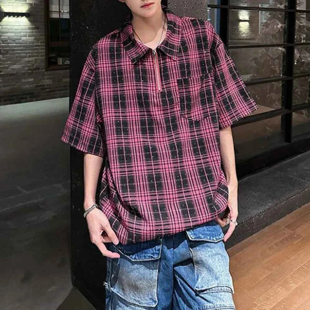 Diamond Plaid Half Zip Casual Shirt