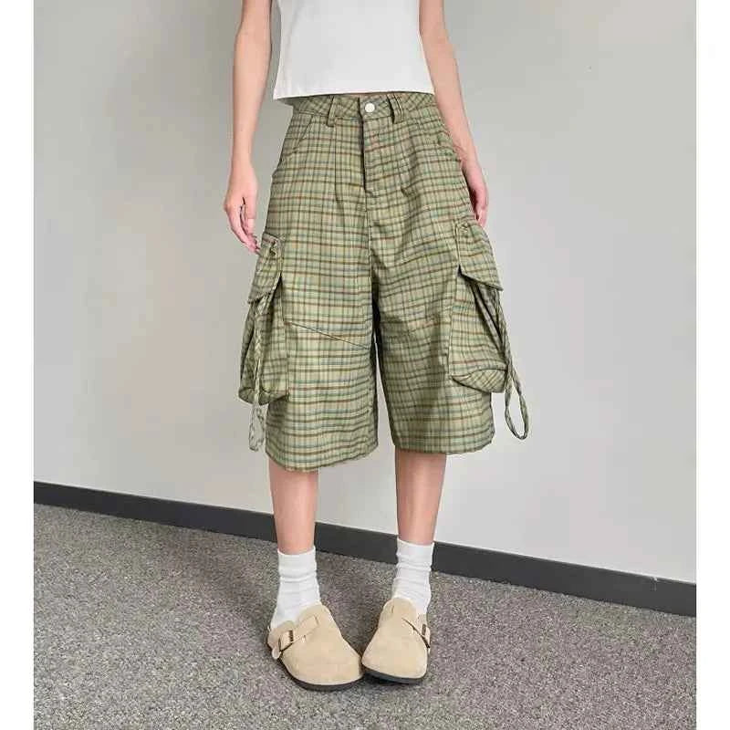 Comfortable Y2K Plaid Print High Waist Denim Cargo Short
