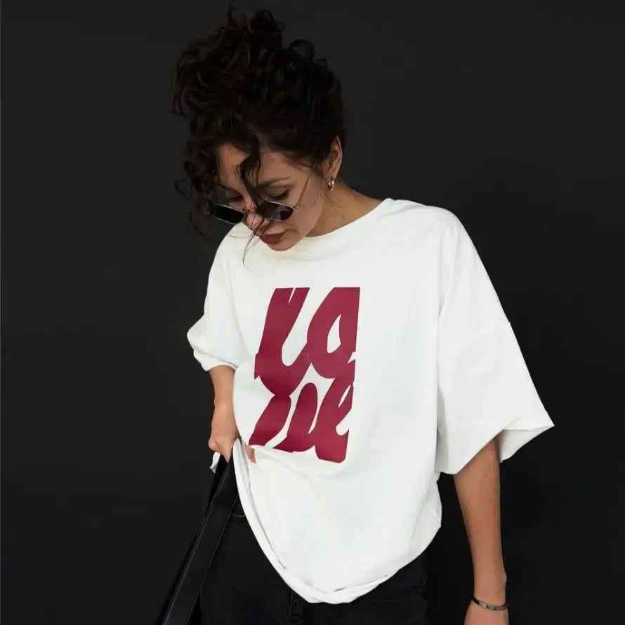 Y2K Russian Style Letter Printed Loose Cotton T-Shirt