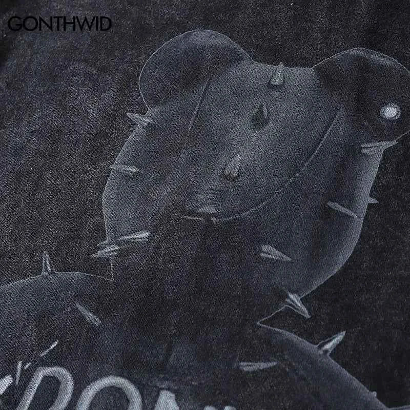 Streetwear Punk Bear Graphic Print Washed Oversized T-Shirt