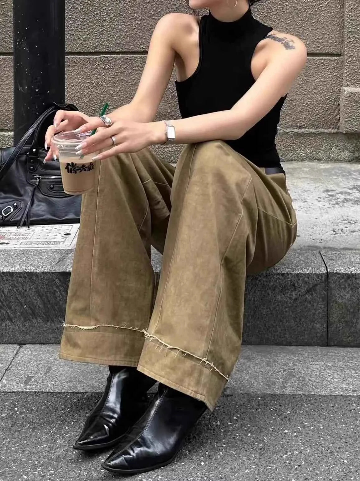 Effortless Cool Retro Khaki Wide Leg Jeans