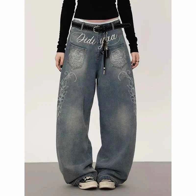 Flattering Y2K Japanese Baggy Blue Embroidered Jeans