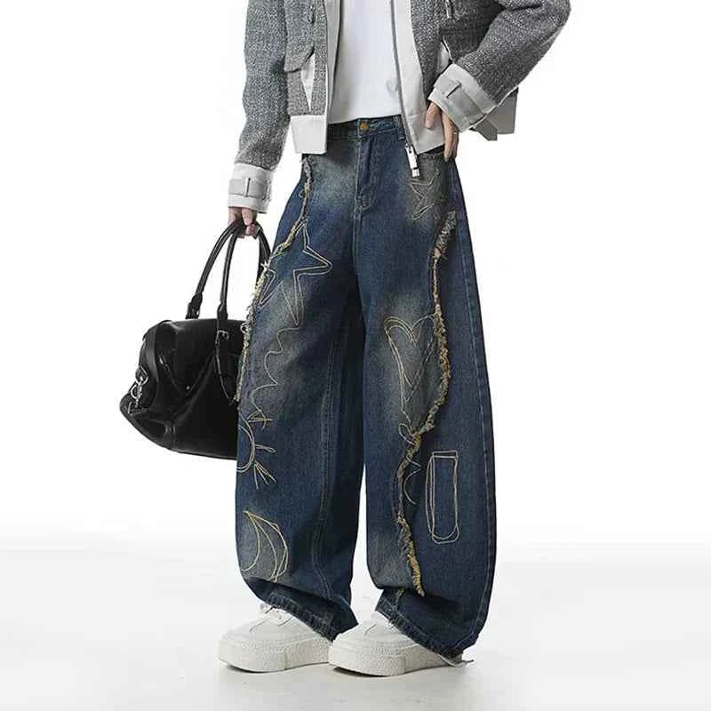 Raw Edge Printing Contrast Color Wide Leg Jeans