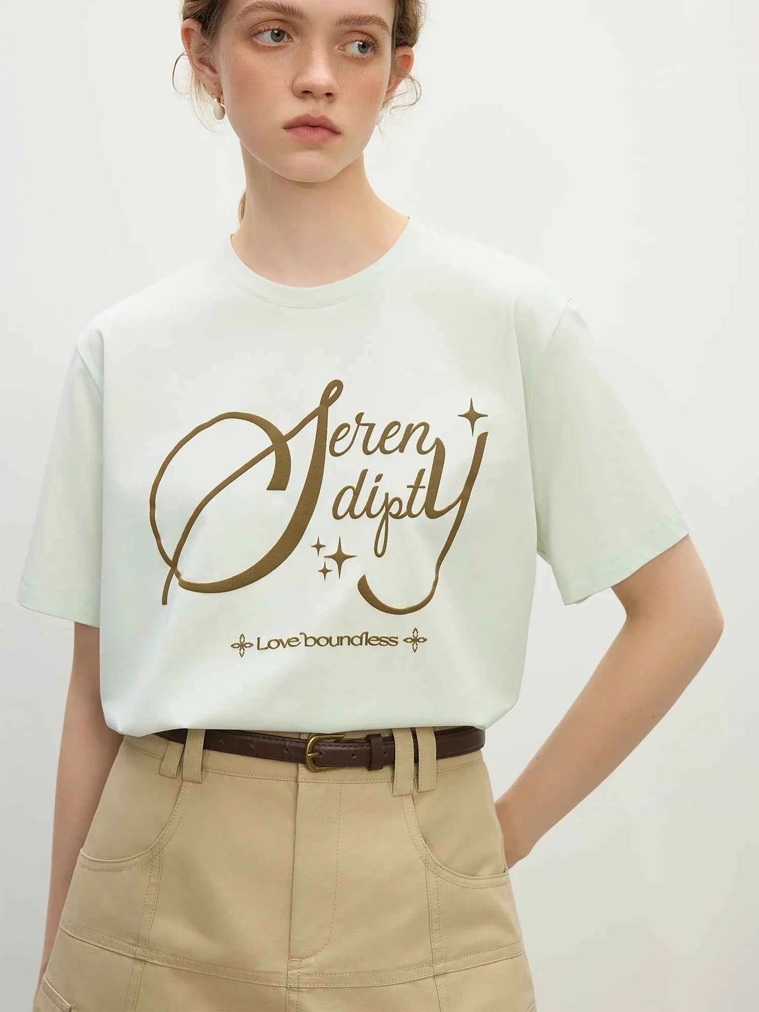 Women Versatile Retro Loose Round Neck Alphabet T-Shirt