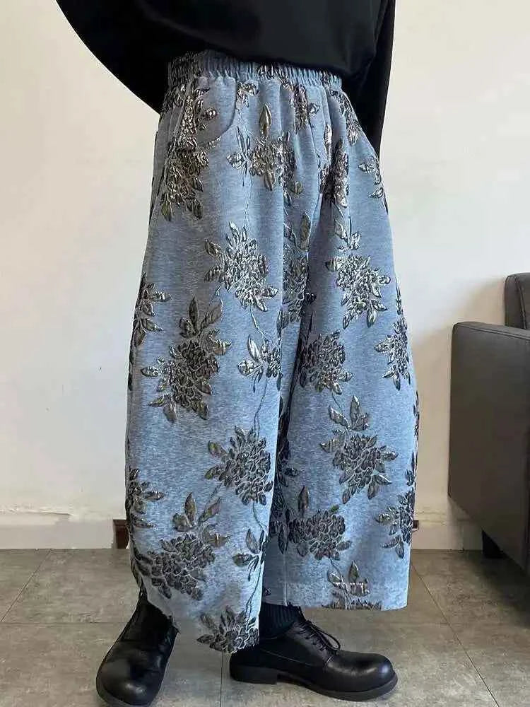 Men Floral Embroidery Baggy Wide Leg Pants