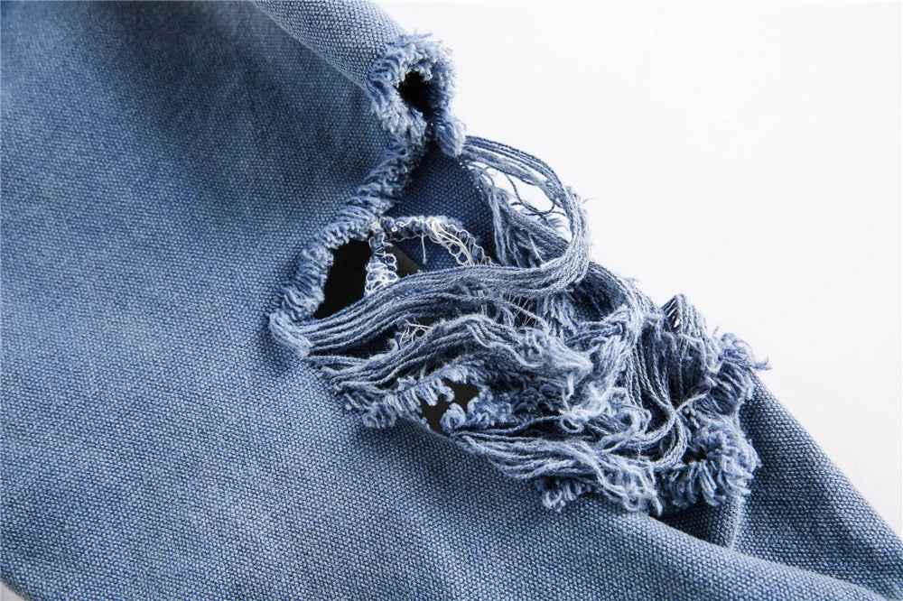 Trendy Streetwear Blue Distressed Denim Jacket