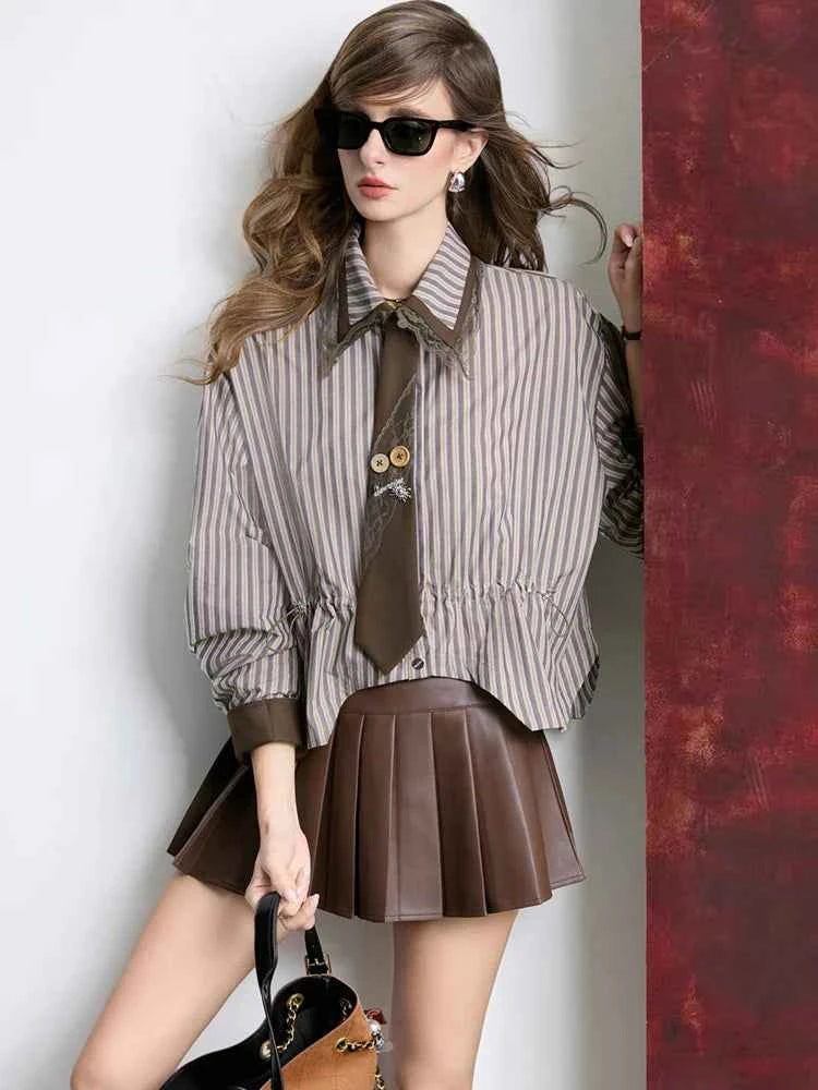 Women Asymmetric Hem With Tie Stripe Shirt
