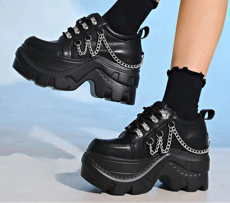 Chunky Gothic Black Chain Platform Sneakers - Luxuryurbanwear