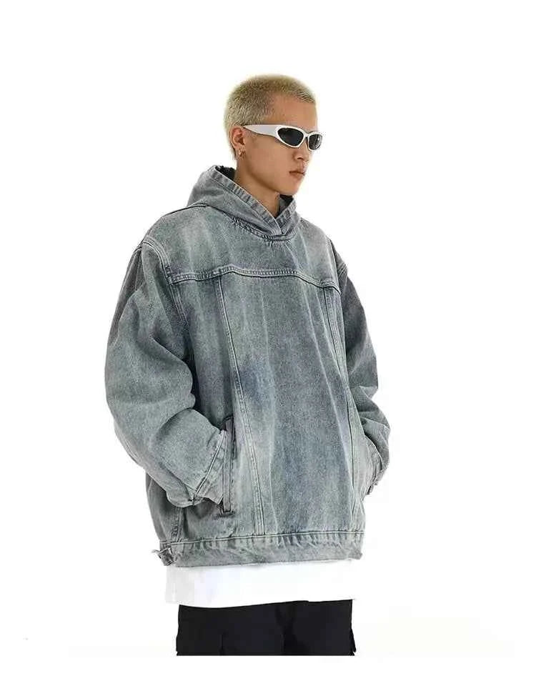 Streetwear American Style Retro Long Sleeve Denim Hoodie