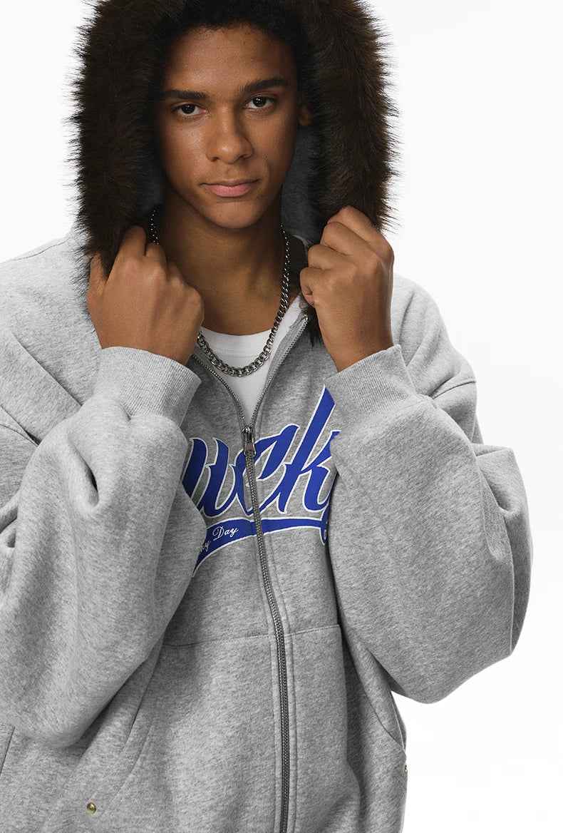 Cozy Embroidered Faux Fur Collar Hooded Sweatshirt