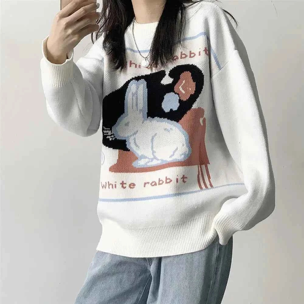Sweet Retro Jacquard Knitted Rabbit Sweater