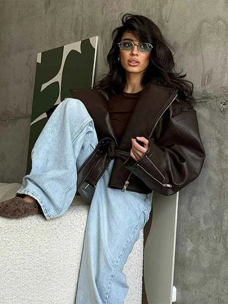 Solid Color Lapel Lace-Up Leather Jacket