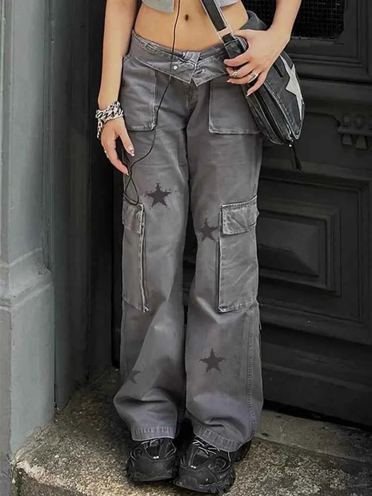 Gothic Star Graphic Denim Cargo Pants