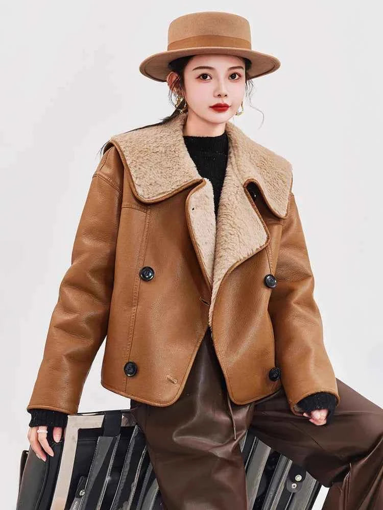 Women Warm Shearling Double Breasted Aviator Leather Jacket