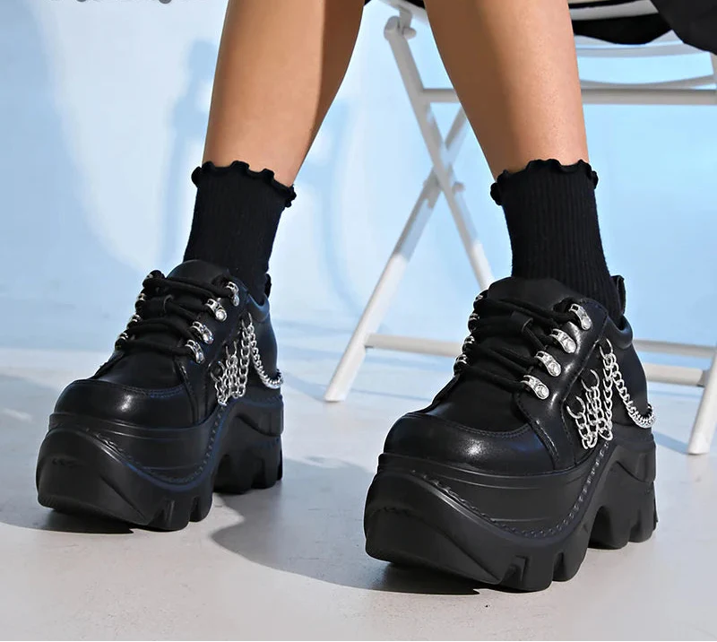 Chunky Gothic Black Chain Platform Sneakers - Luxuryurbanwear