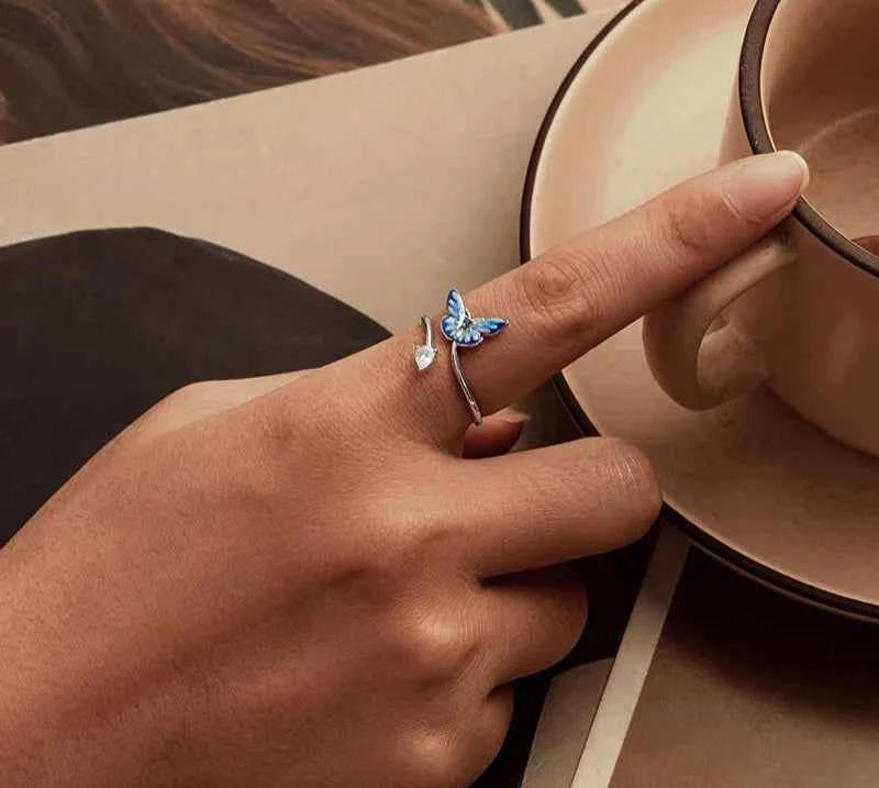 Women Adjustable Blue Enamel Butterfly Ring