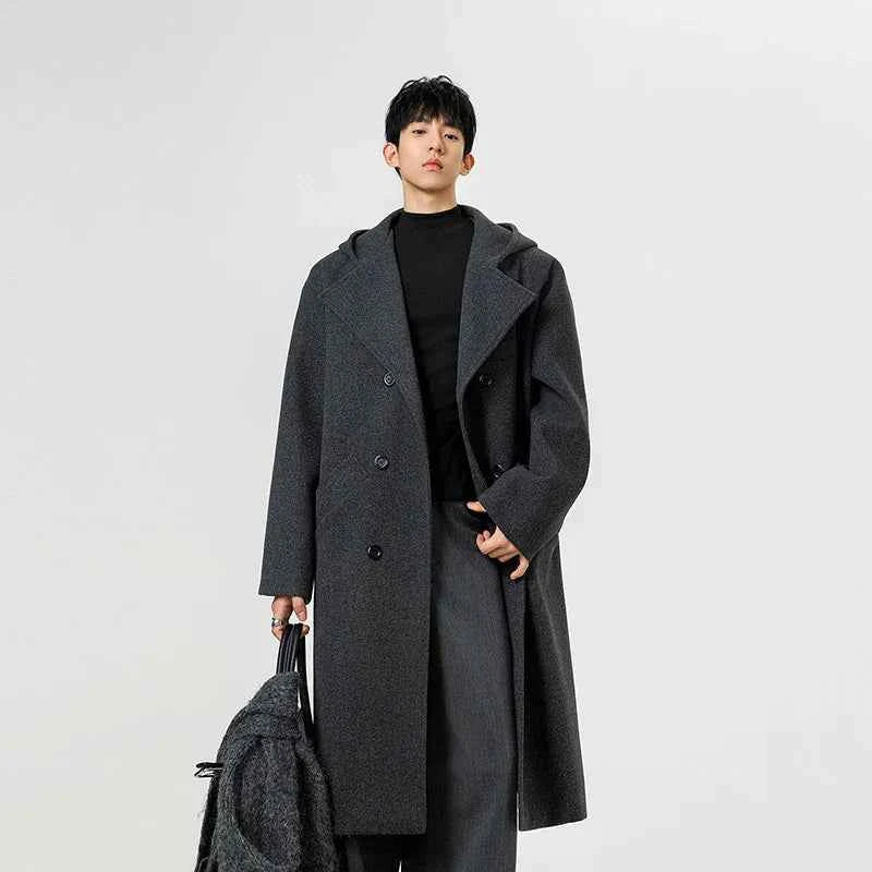 Stylish Double Breasted Wool Hooded Suit Coat
