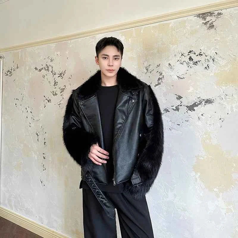 Streetwear Fur Splicing PU Leather Motorcycle Jacket