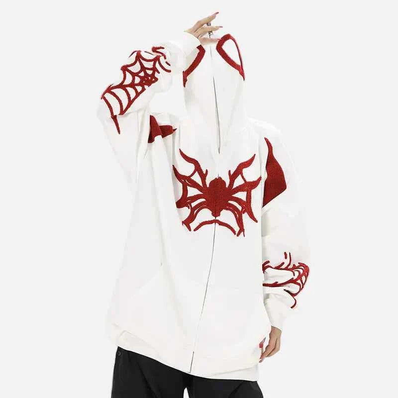 Spider Web Print Gothic Zip-Up Hooded Sweatshirt