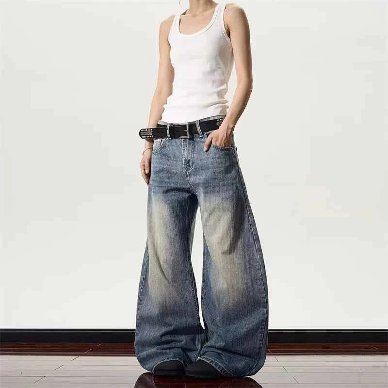 Vintage Washed Blue Textured Wide Jeans