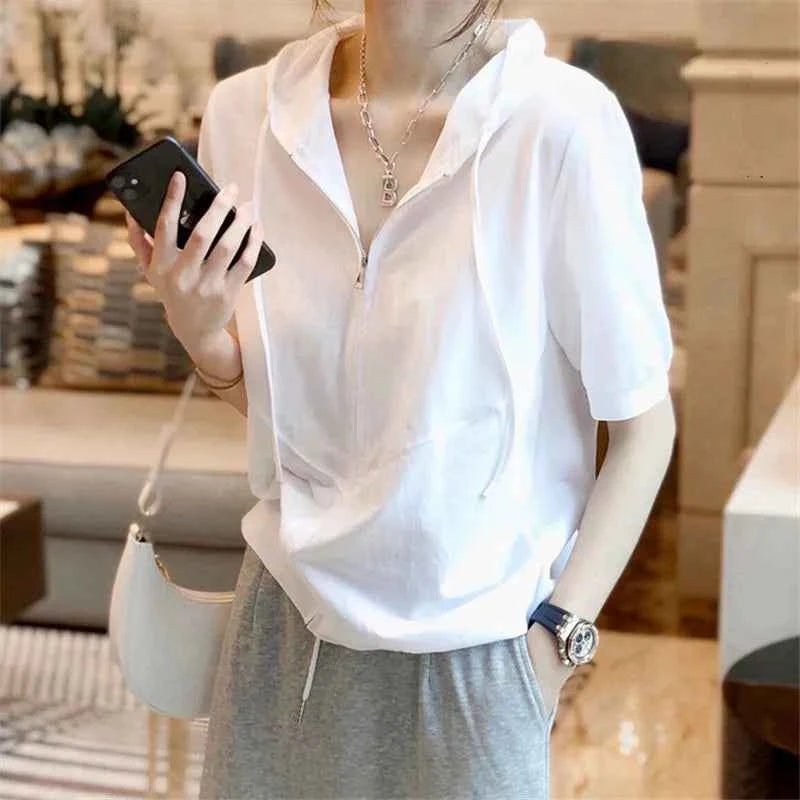 Stylish White Zipper Short Sleeve Summer T-Shirt