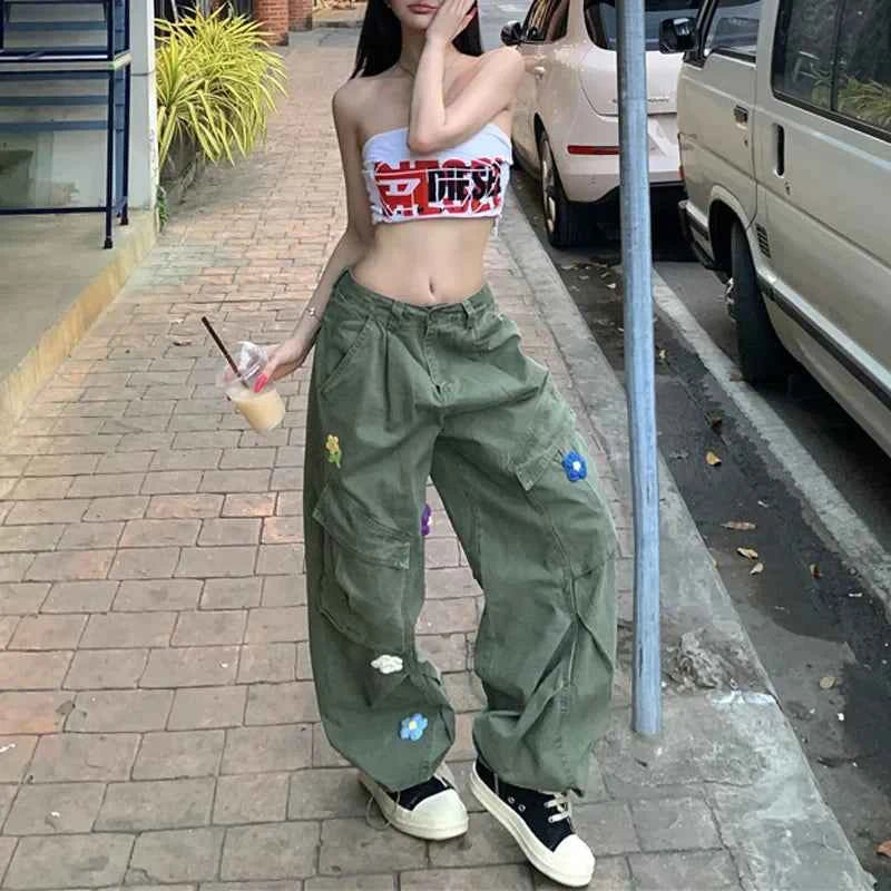 Vintage Green Flower Cargo Pants