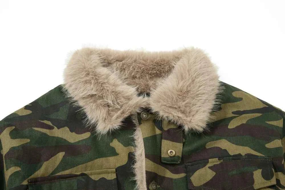 Camouflage Single Breasted Fur Collar Padded Jacket