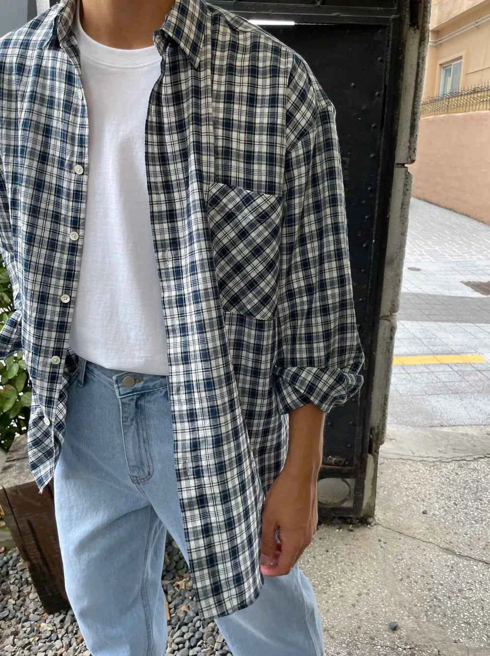 Men's Casual Loose Korean Style Plaid Long Shirt