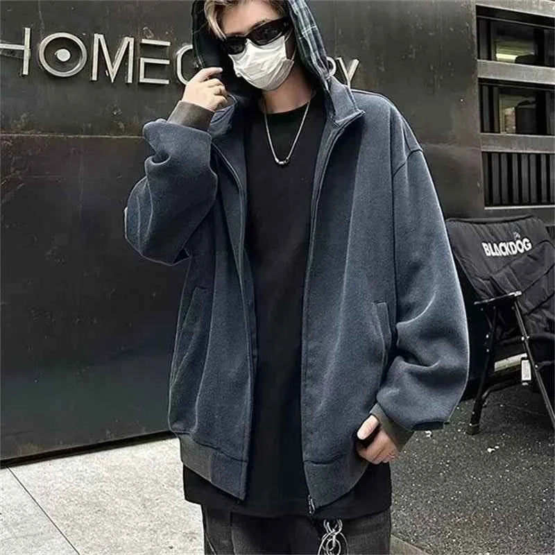 Vintage Streetwear Plaid Zipper Cool Hooded Sweatshirt