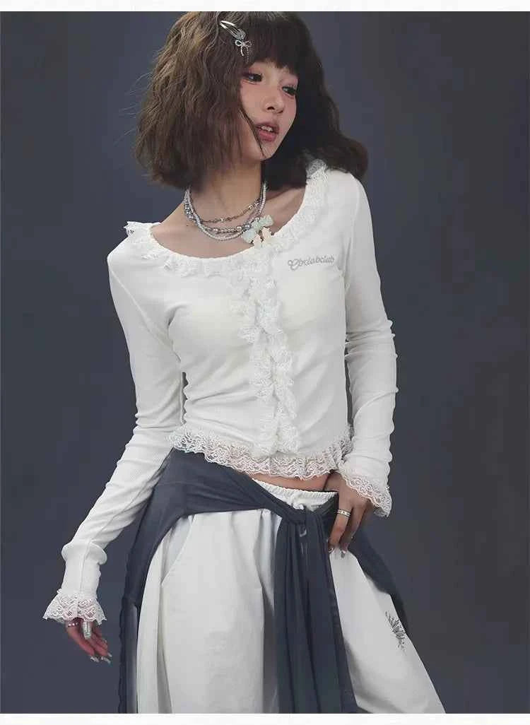 Women Spicy Lace Trim Long Sleeve T-shirt