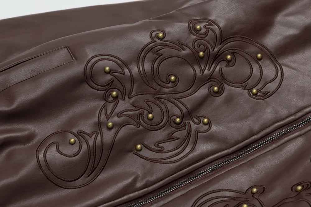 Retro Rivets Embroidery PU Leather Hooded Jacket