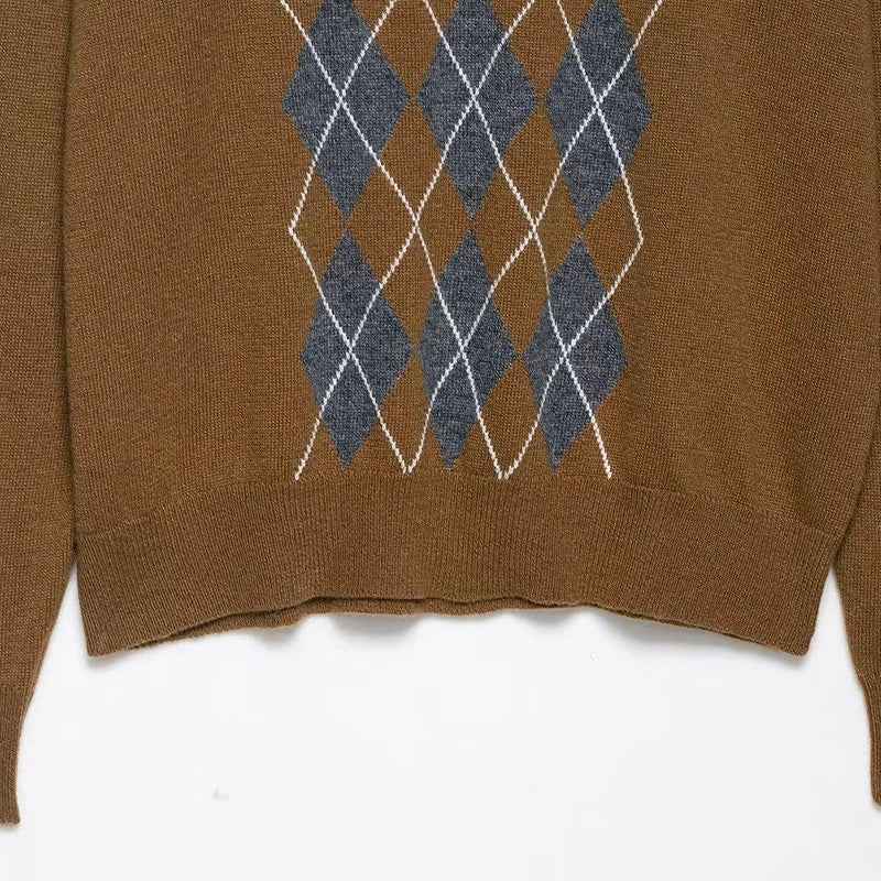 Effortless Argyle Plaid Knitted Polo Sweater