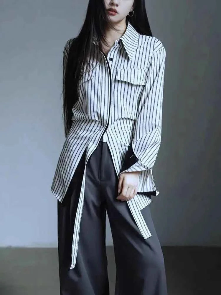 Elegant Vintage Striped Patchwork Blouses Shirt