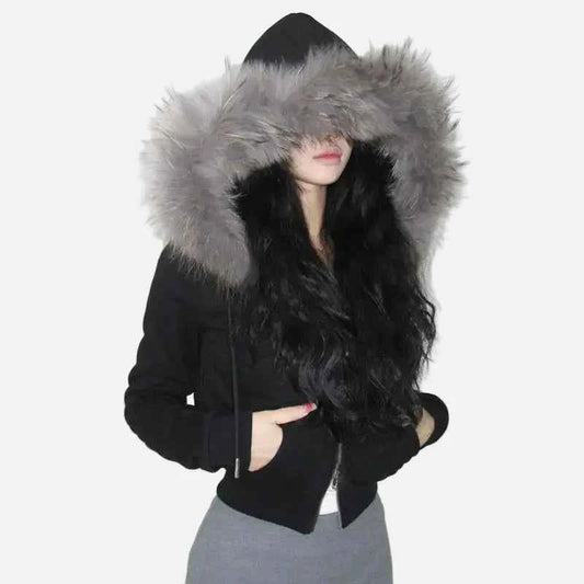 Cozy Patchwork Furry Zipper Hooded Sweatshirt
