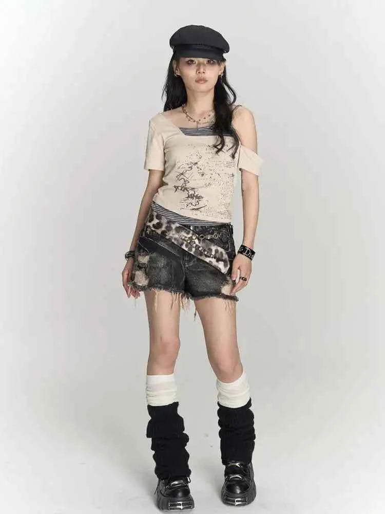 Vintage Gothic Patchwork Off-Shoulder T-Shirt