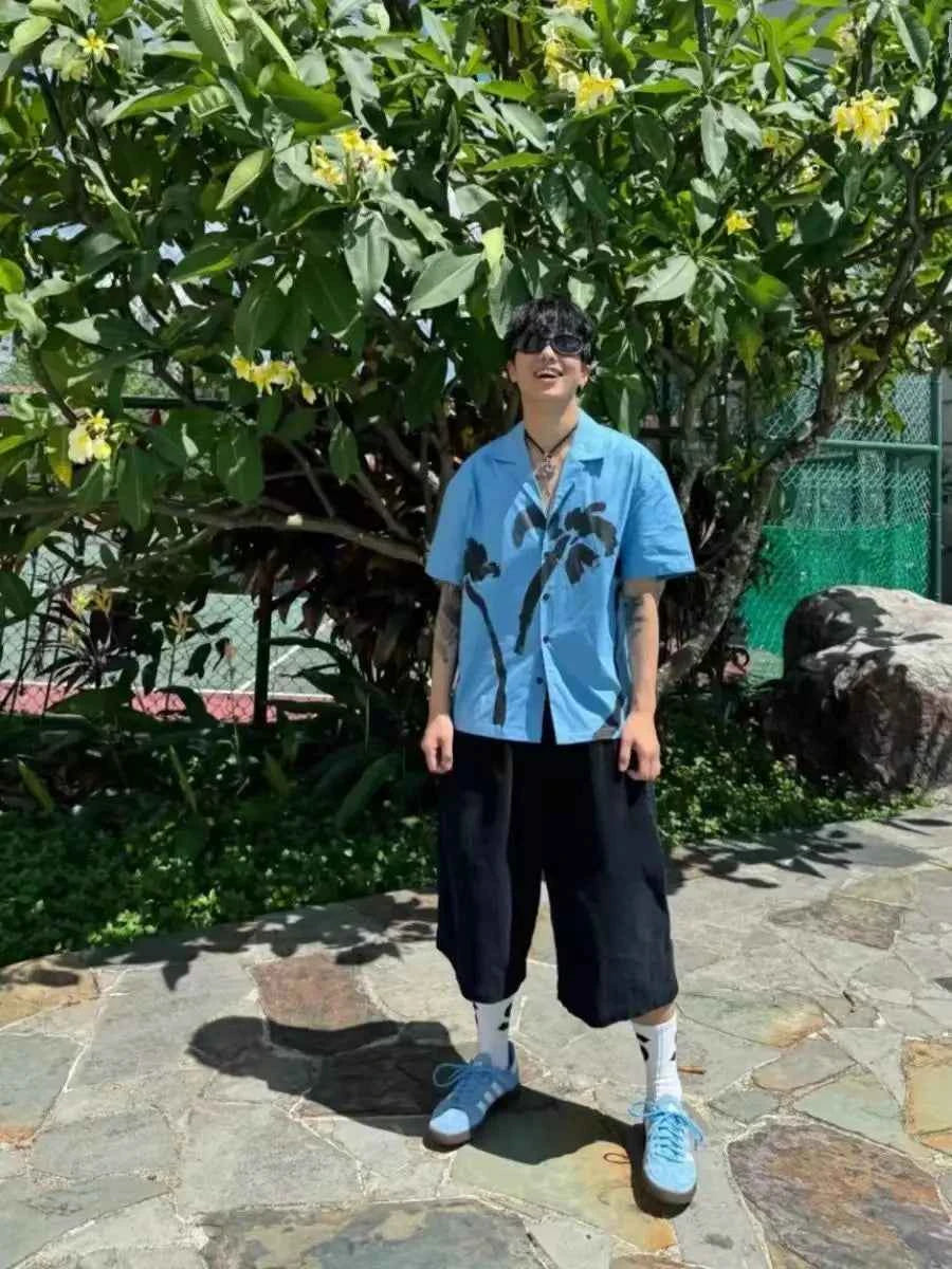 Summer Streetwear Blue Cuban Collar Printed Shirt