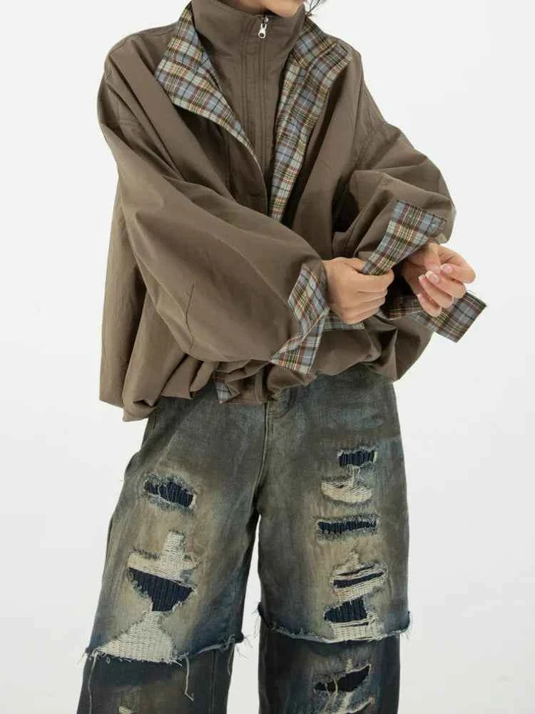 Elevated Retro Colorblock Plaid Casual Jacket