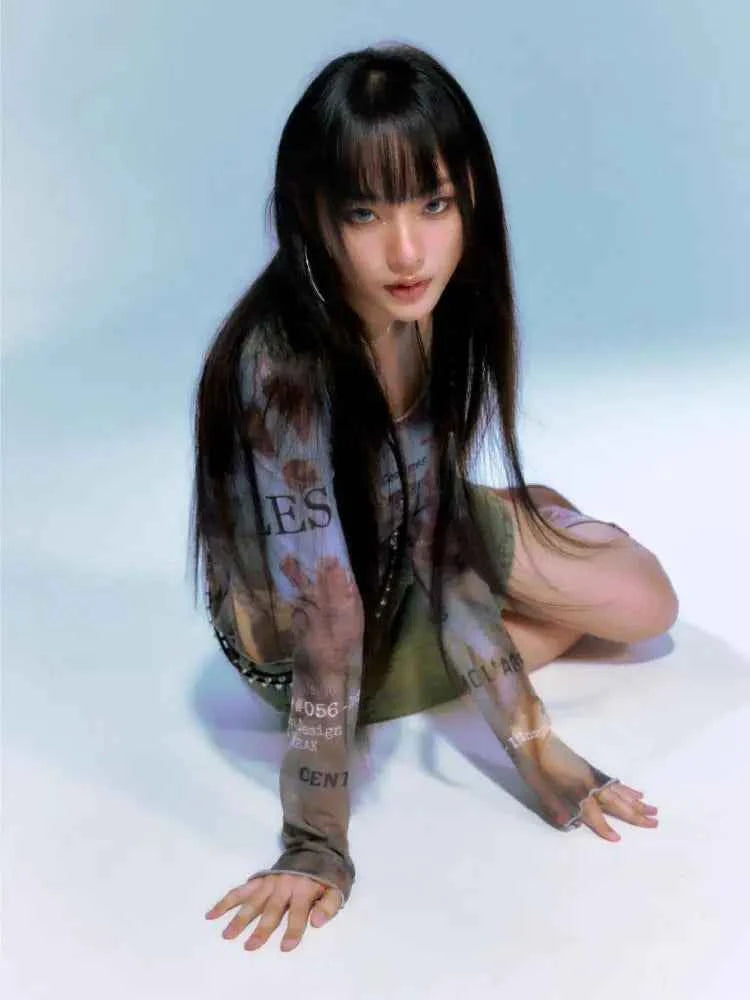 Sheer Mesh Letter Print Long T-Shirt